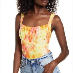 Leith Yellow, Pink & Orange Tie Dye Square neck Ruched Bodysuit Women’s Size Med